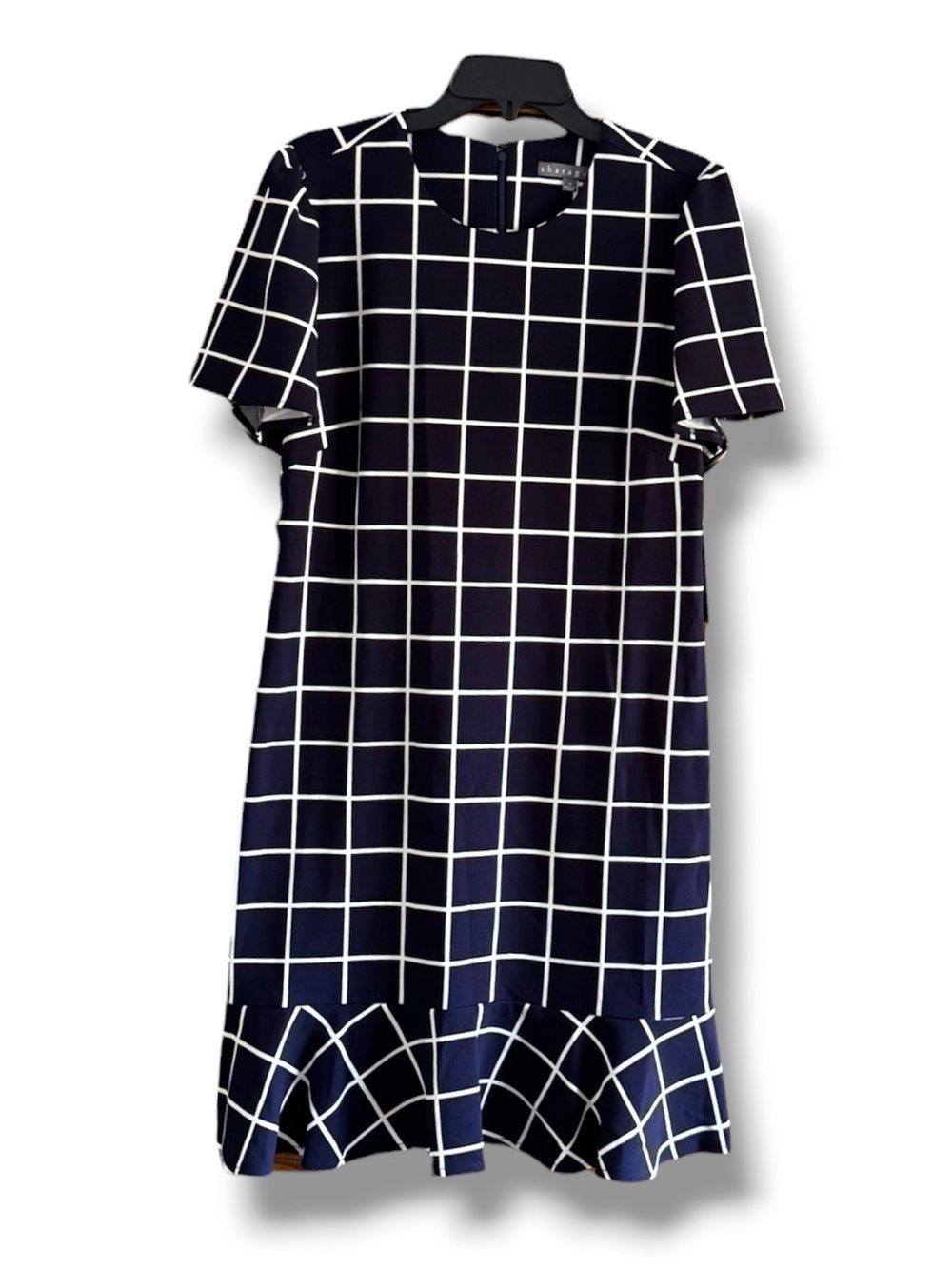 Sharagano Grid-Print Navy Shift Dress with Flounce Hem